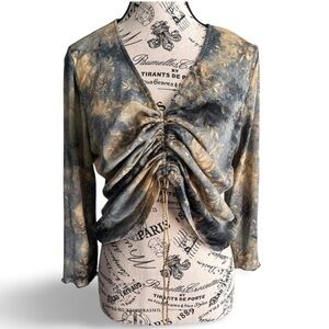 Y2K Emotions Blue Cream Sheer Mesh Top Ruched Front Dark Floral Print Large